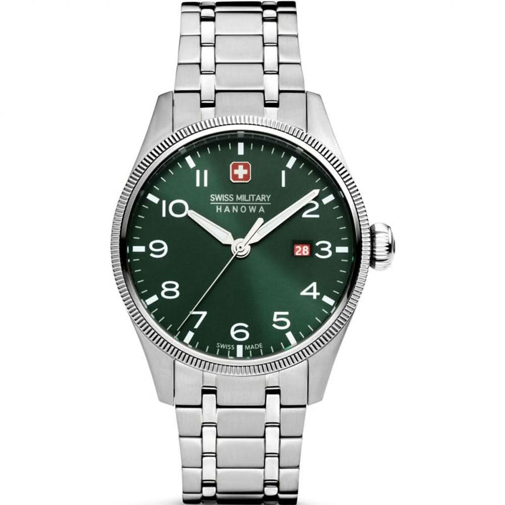 Reloj de pulsera para hombre: correa de acero inoxidable plateado, esfera verde, indicador de fecha 28/3