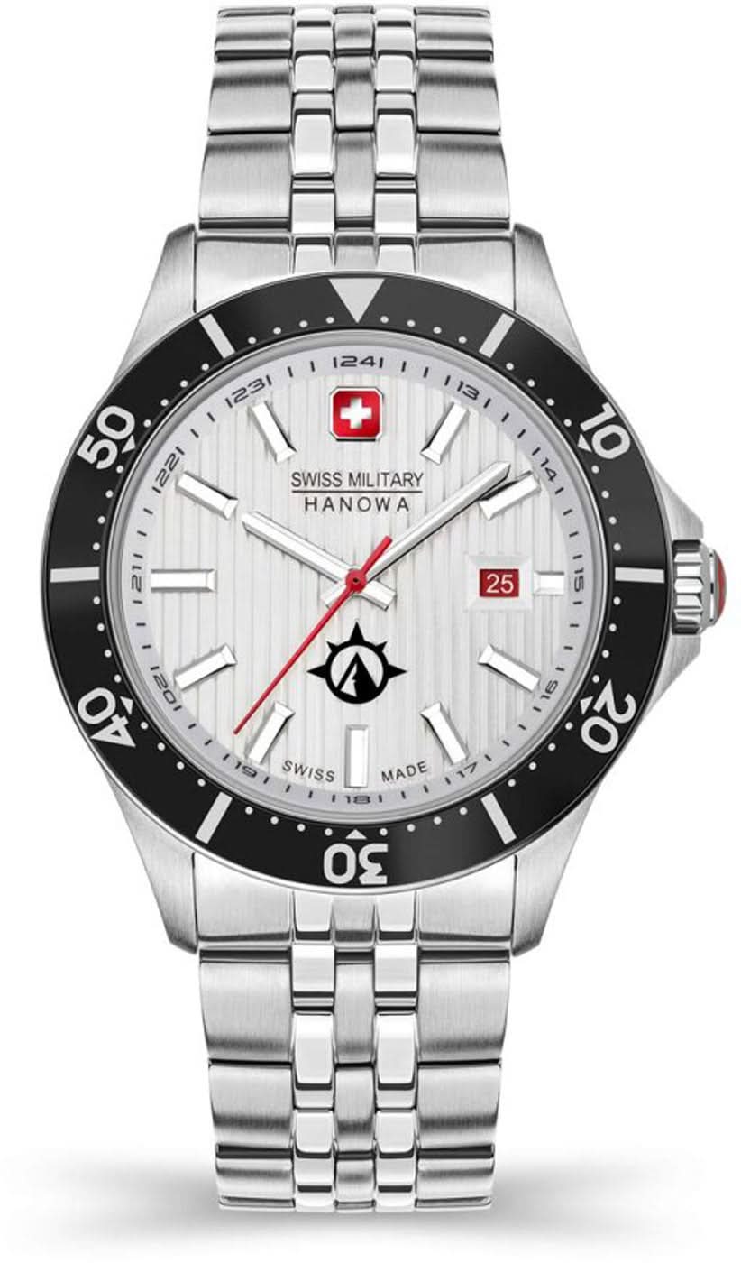 Reloj de hombre con correa de metal plateado, bisel negro y esfera blanca