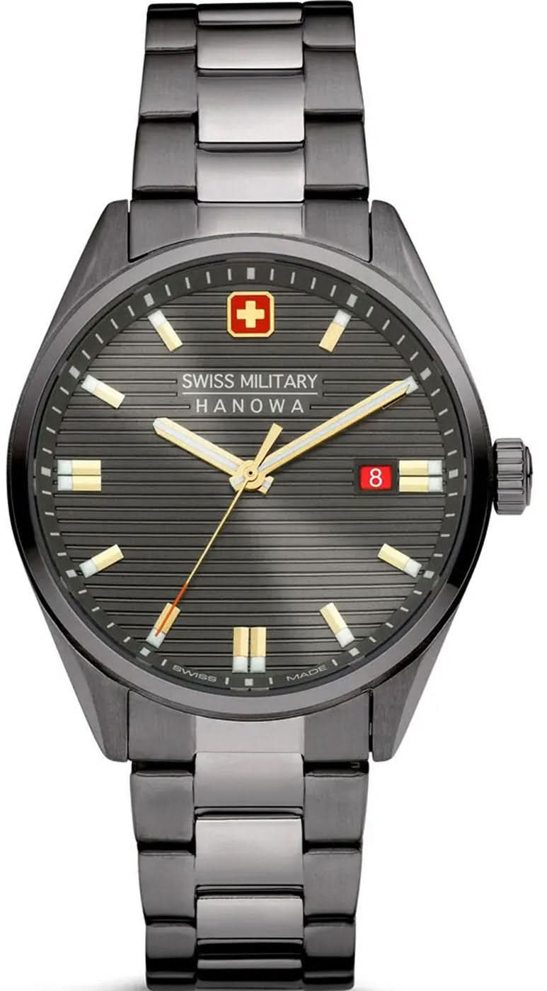 Reloj de hombre con correa de metal gris, esfera redonda y manecillas doradas