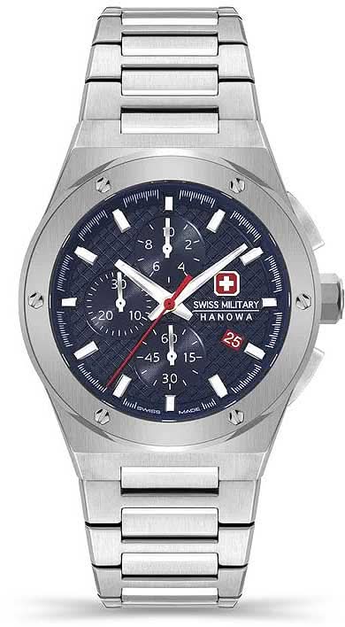 Reloj de pulsera de acero inoxidable plateado con esfera azul e indicador de segundos rojo