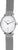 "Reloj de mujer vista frontal: esfera blanca, manecilla central azul, correa de malla"