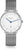 Reloj de mujer con esfera blanca, manecillas azules y correa de malla metálica