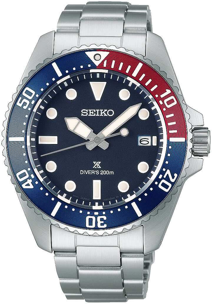 Reloj de pulsera para hombre: esfera azul, correa de acero, bisel azul/rojo, Diver 200 m
