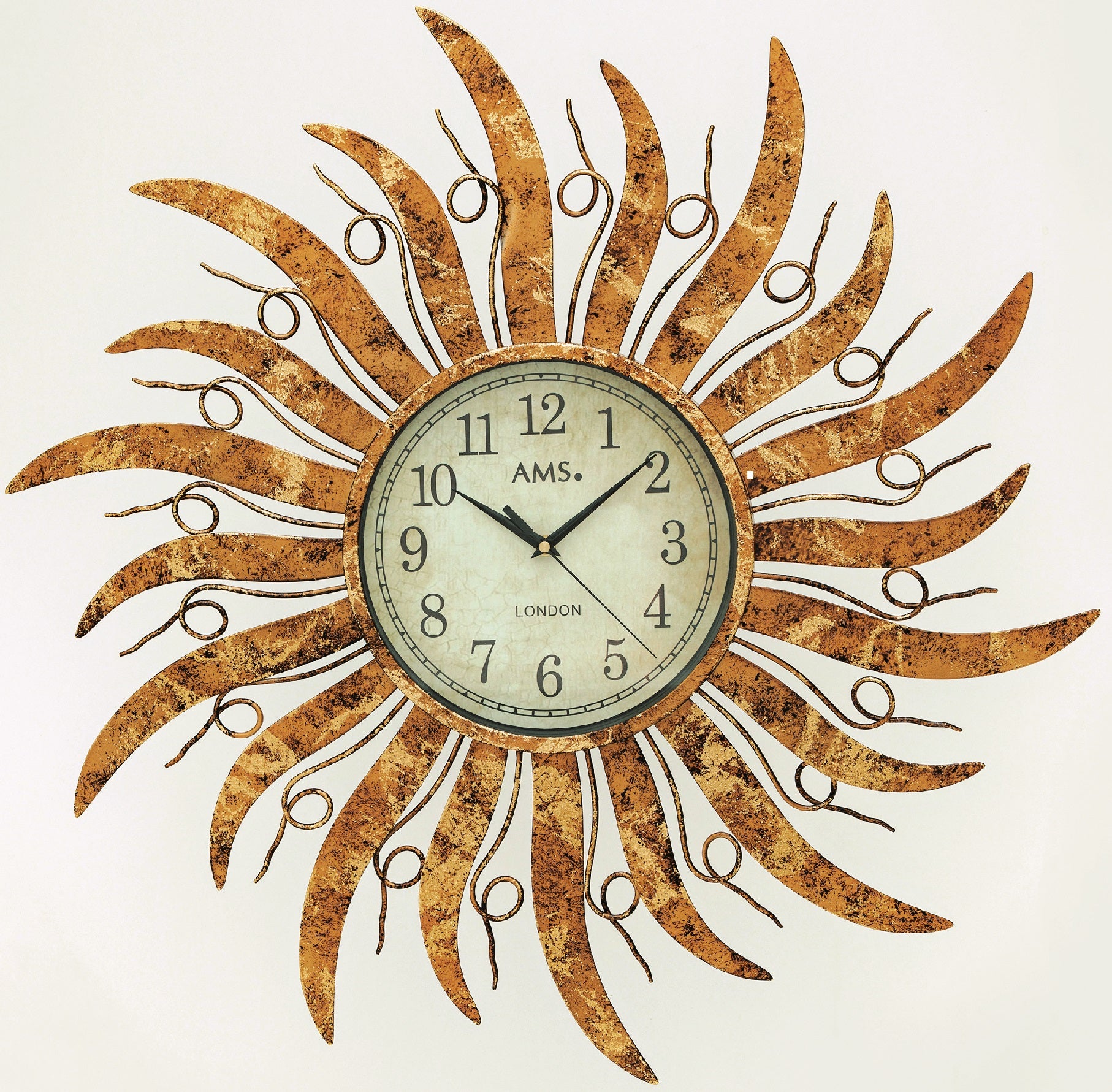 AMS W9639 Wanduhr Gold • Extravagantes Sonnen-Design • Wetterfestes Metallgehäuse