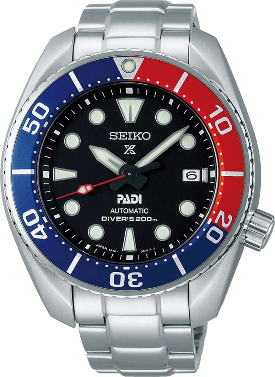 Reloj de hombre con correa de acero inoxidable, esfera negra y bisel azul y rojo
