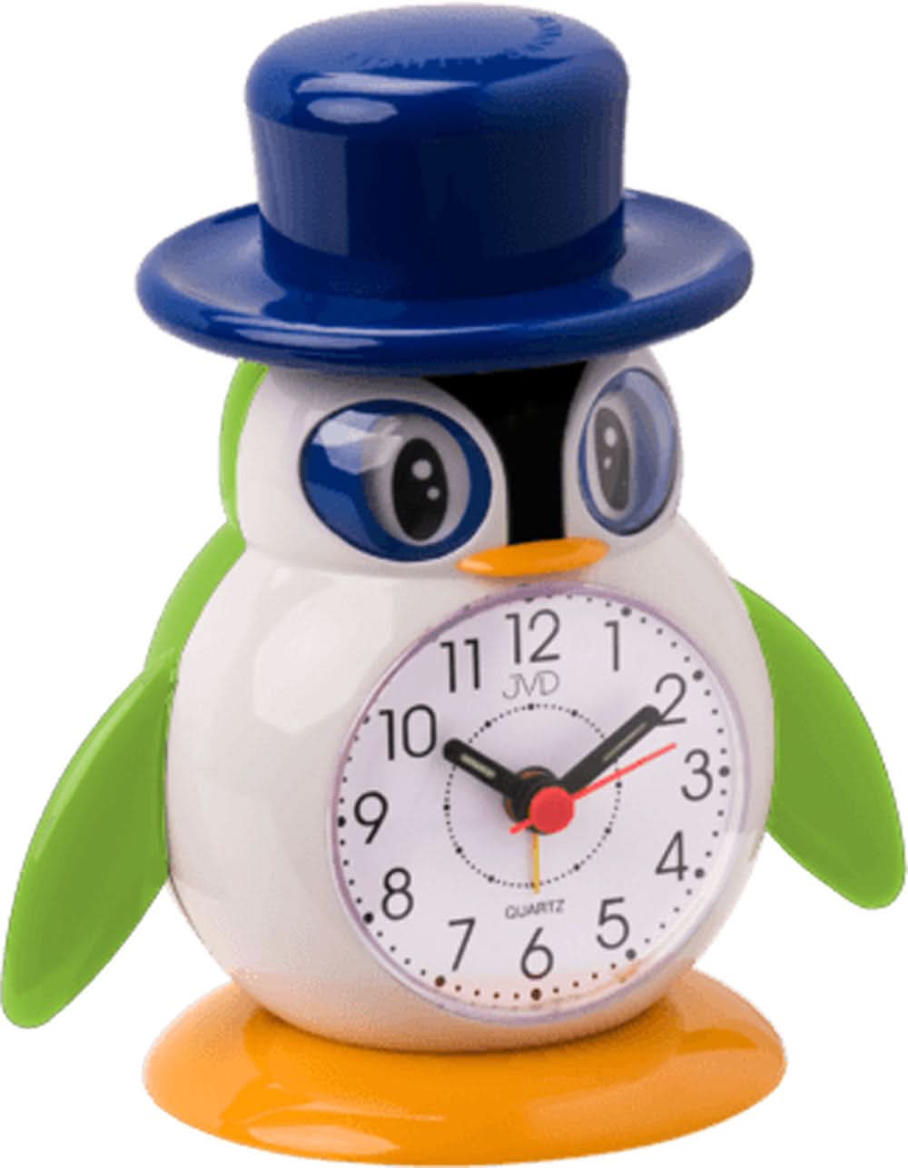 Despertador con forma de pingüino con sombrero azul y esfera analógica, carcasa redonda