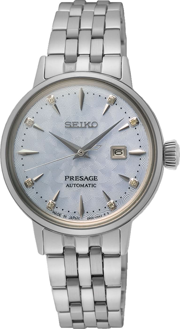 Reloj de pulsera para mujer: correa de acero inoxidable plateado, esfera clara, automático, detalles dorados