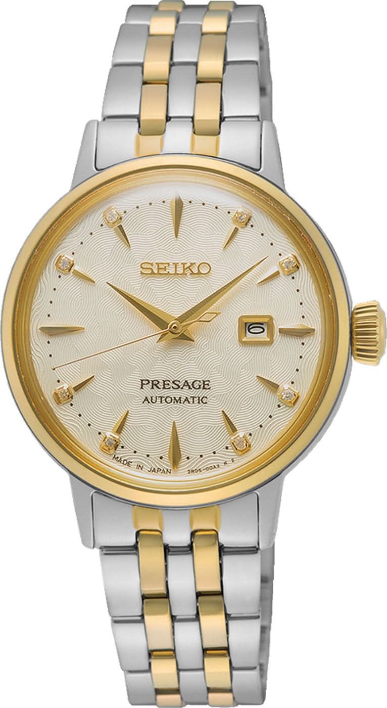 Reloj Seiko Presage para mujer: esfera color crema, detalles dorados, brazalete metálico bicolor