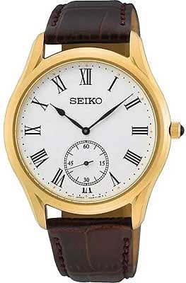 Reloj Seiko para hombre con caja dorada, esfera blanca y correa de cuero marrón