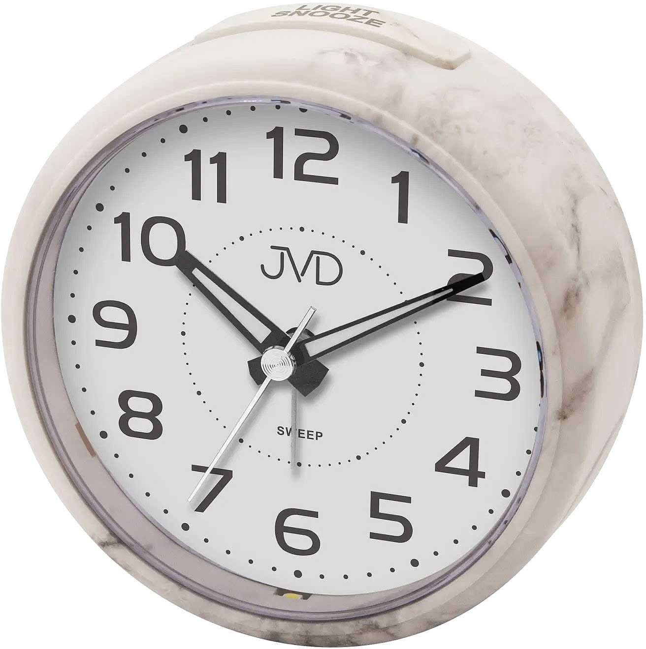 Despertador analógico con esfera blanca, números negros, logo JVD y carcasa gris