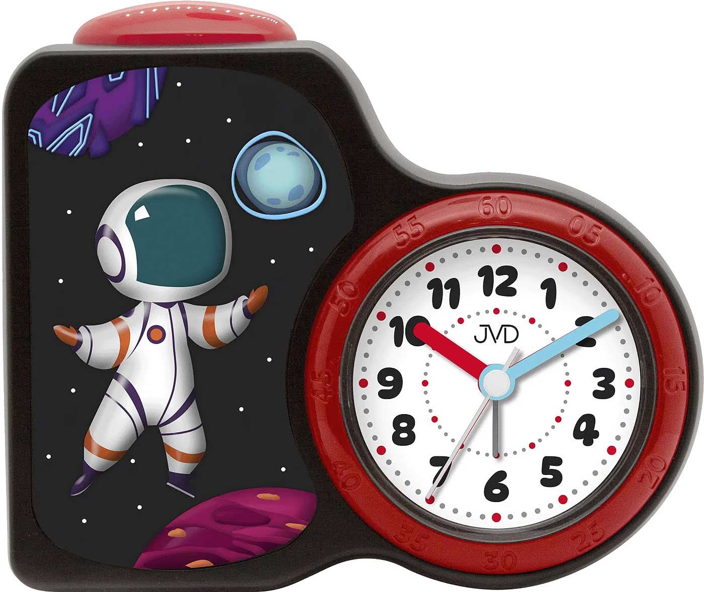 Despertador con esfera roja y estampado JVD, carcasa negra y roja con motivo de astronauta