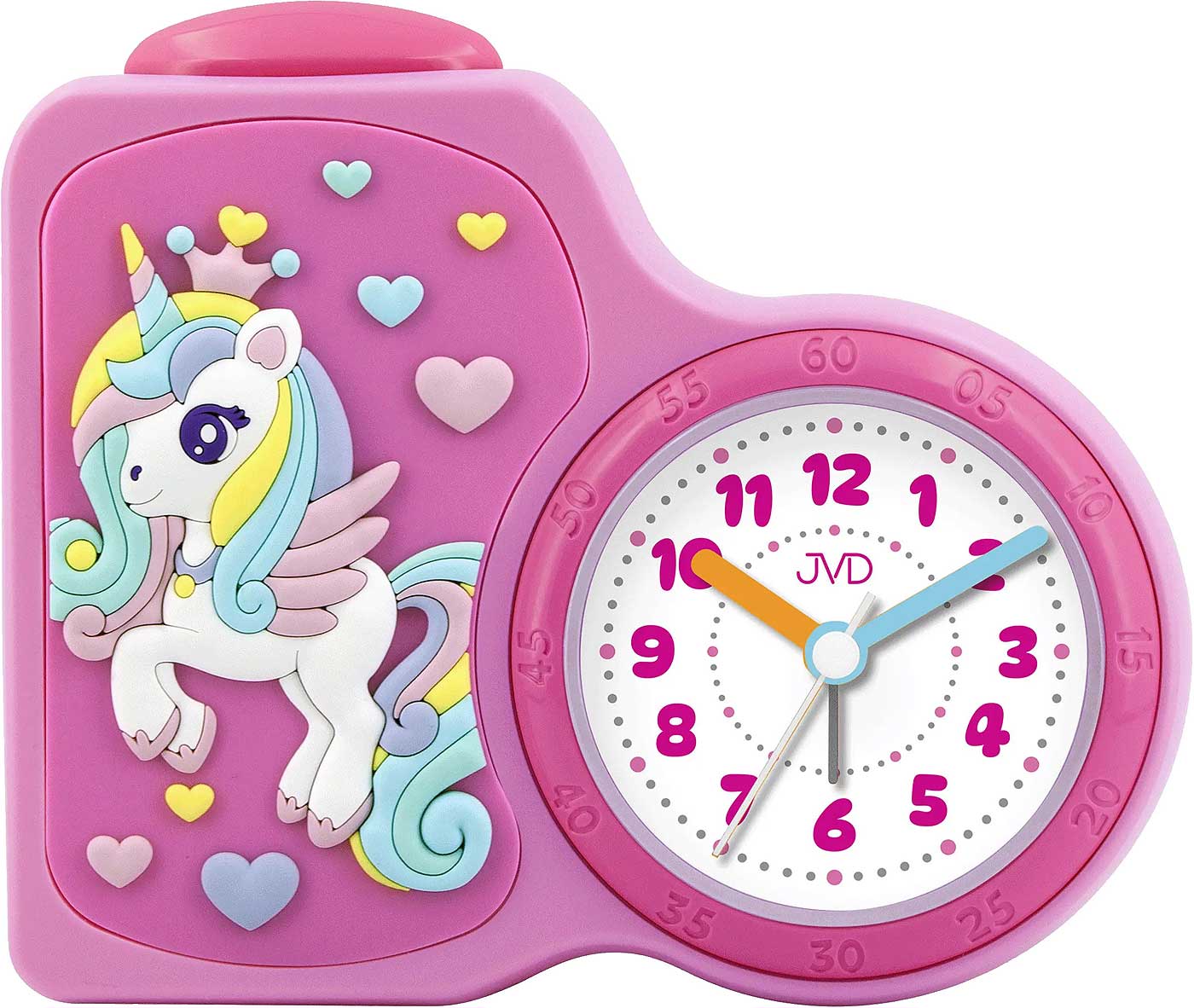 Despertador infantil de plástico, rosa con unicornio y corazones, esfera analógica