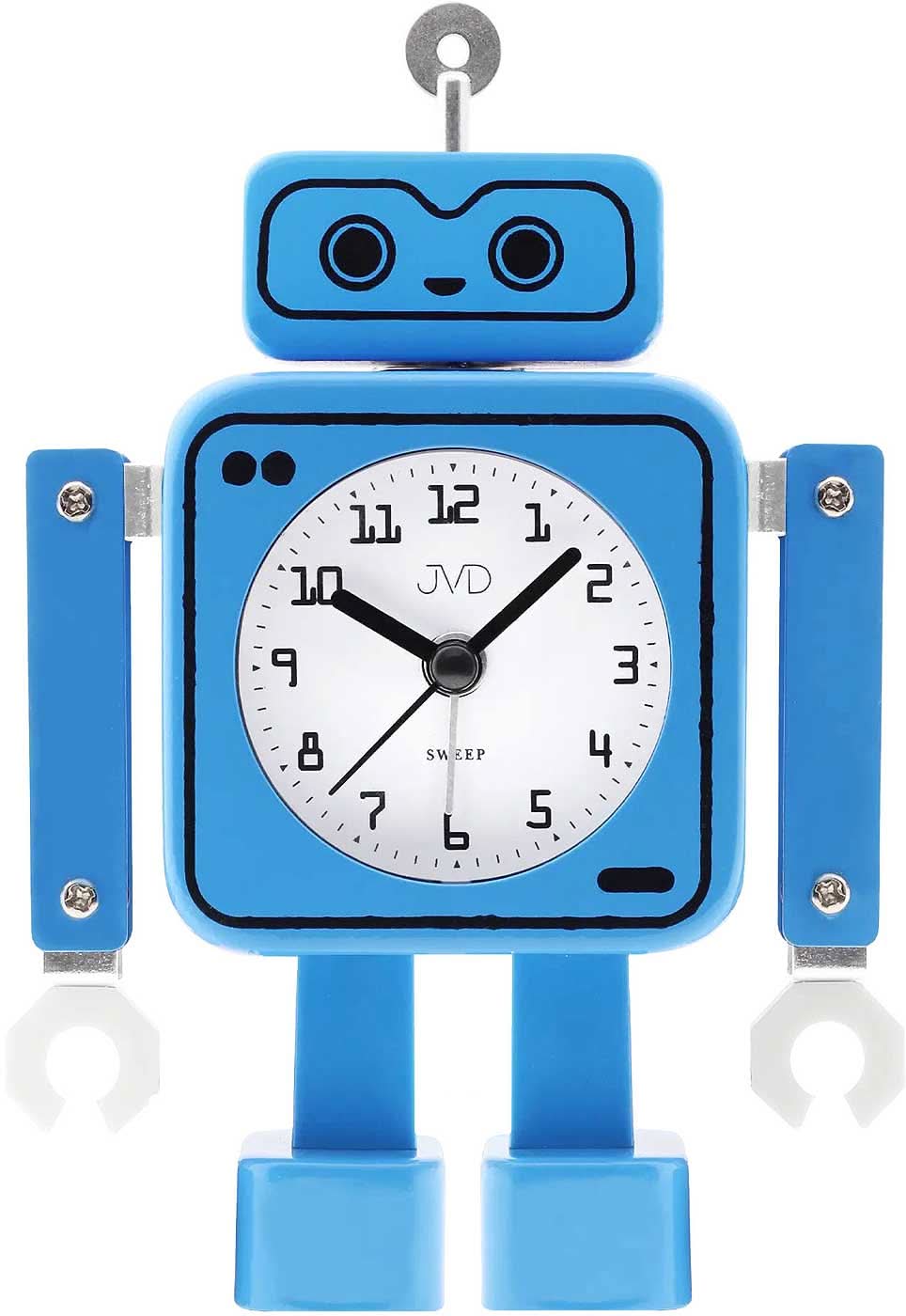 Despertador analógico de robot azul con esfera y manecillas, logo JVD