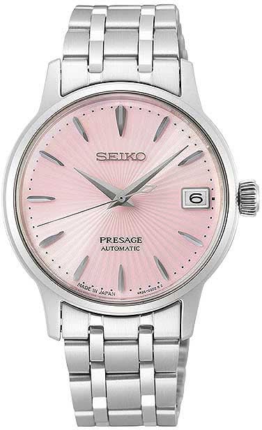 Reloj Seiko Presage para mujer con esfera rosa, ventana de fecha y brazalete de acero inoxidable