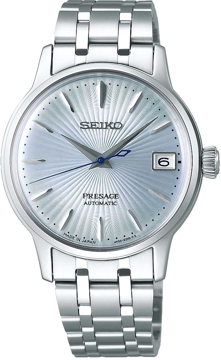 "Reloj de mujer con pulsera de metal plateado y esfera azul claro (automático)"