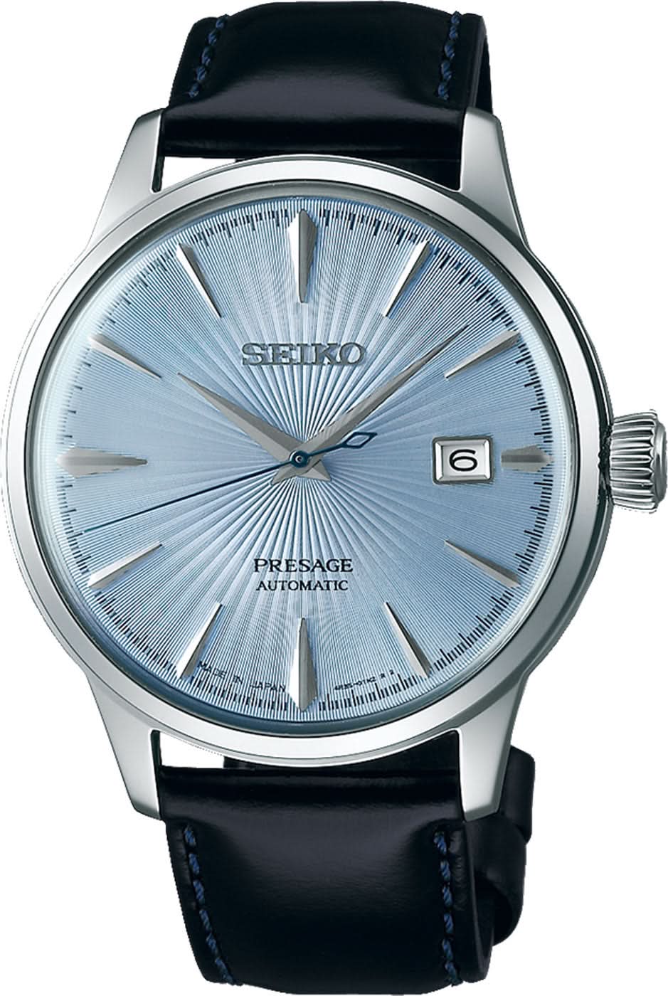 Reloj SEIKO para hombre con esfera azul, correa de cuero negra, fecha a las 6