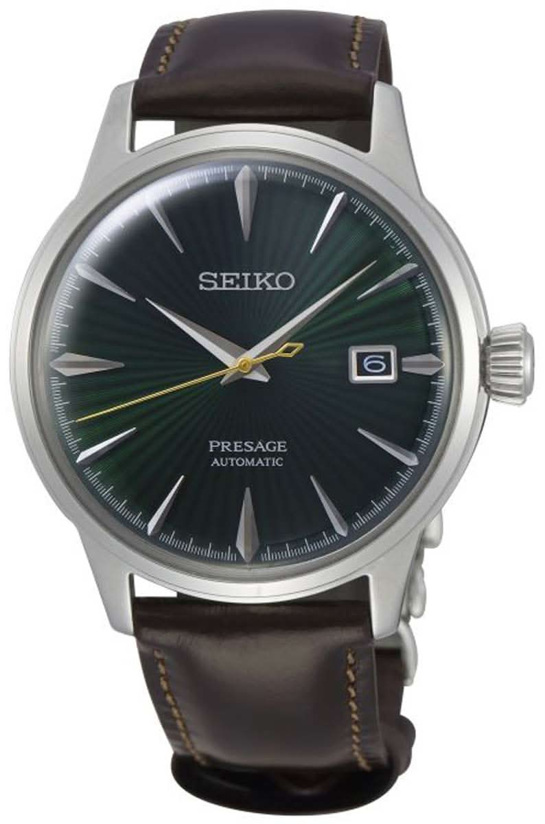 Pulsera para hombre: esfera verde, caja plateada, correa de cuero marrón