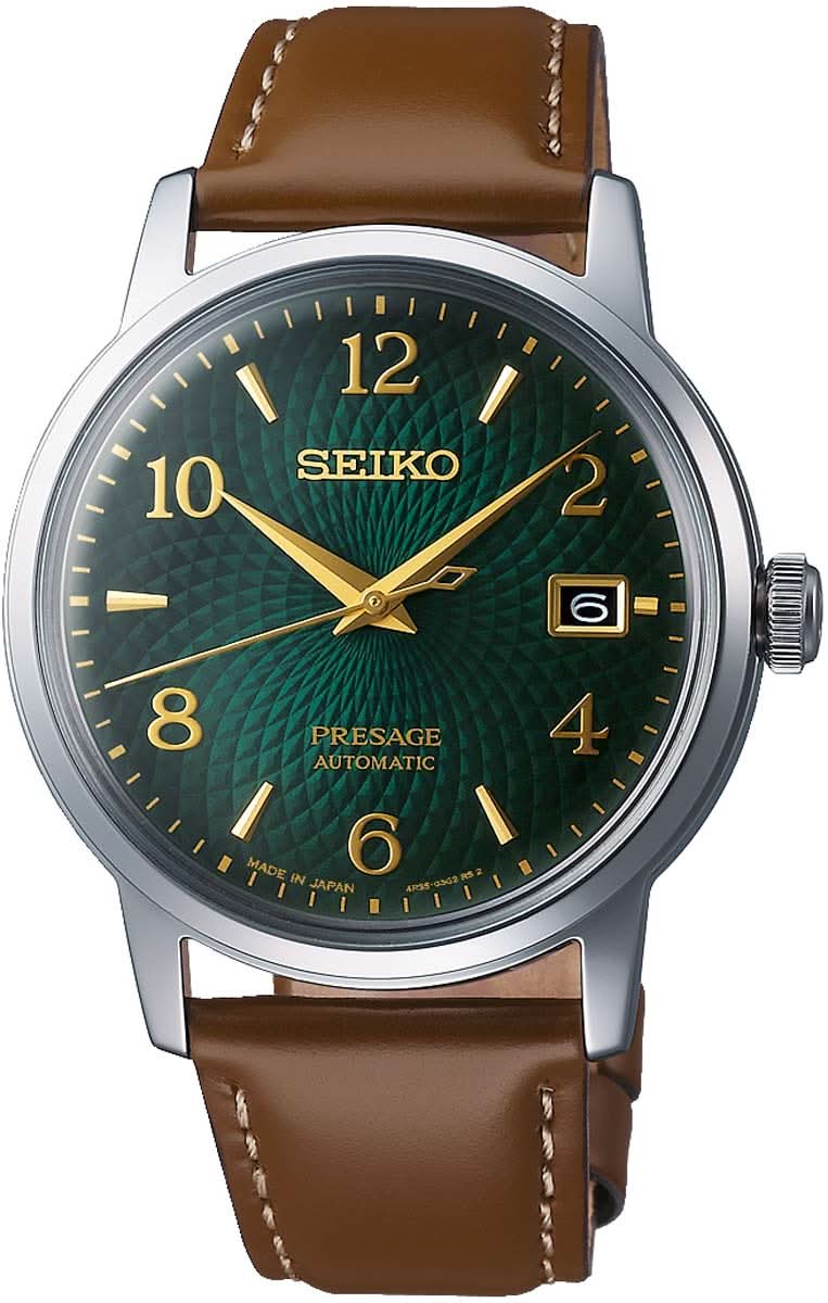 Reloj automático para hombre con esfera verde, manecillas doradas y correa de cuero marrón