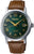 Reloj automático para hombre con esfera verde, manecillas doradas y correa de cuero marrón