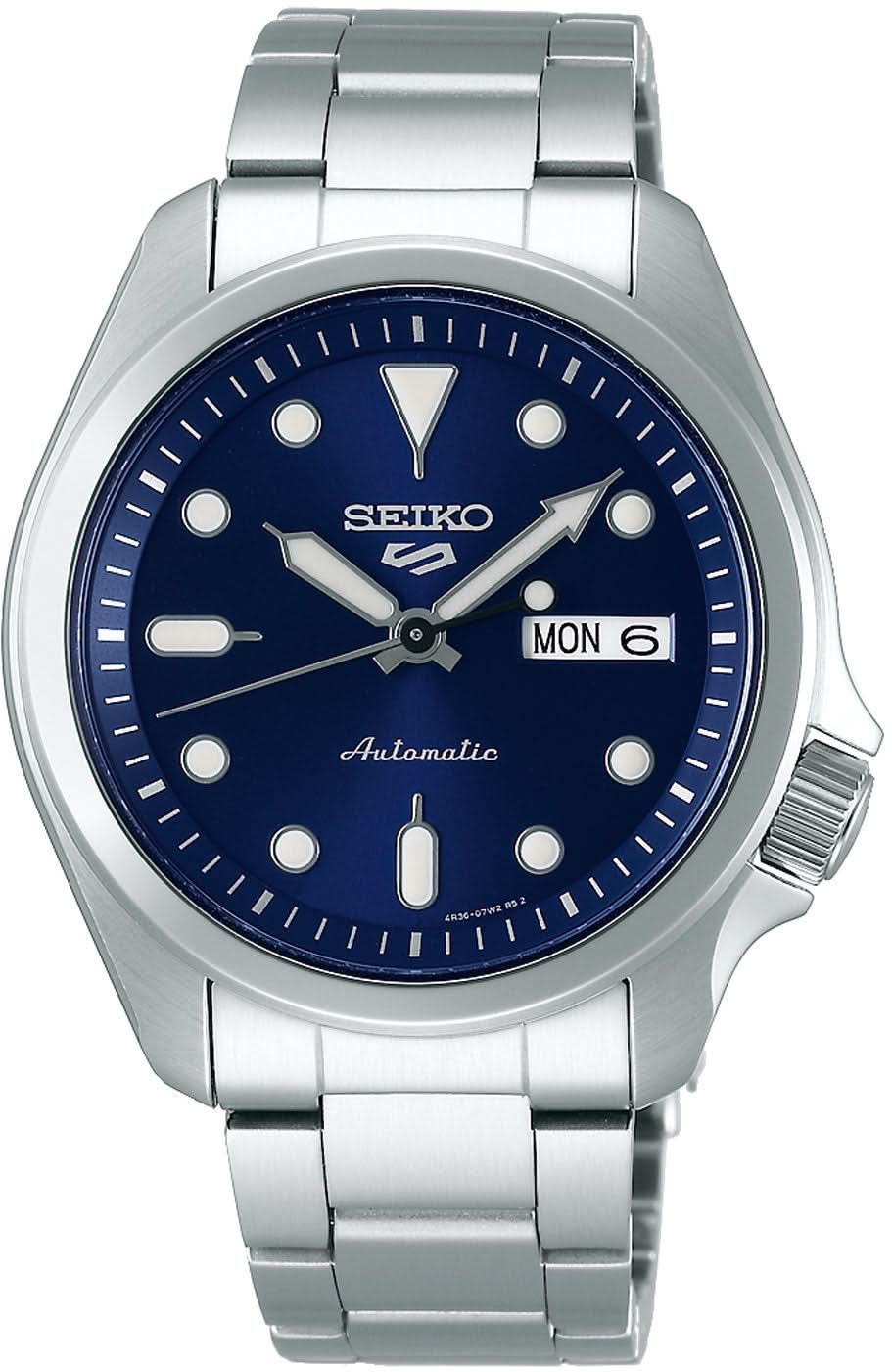 Pulsera de hombre con esfera azul, correa de acero inoxidable plateado y visualización de fecha