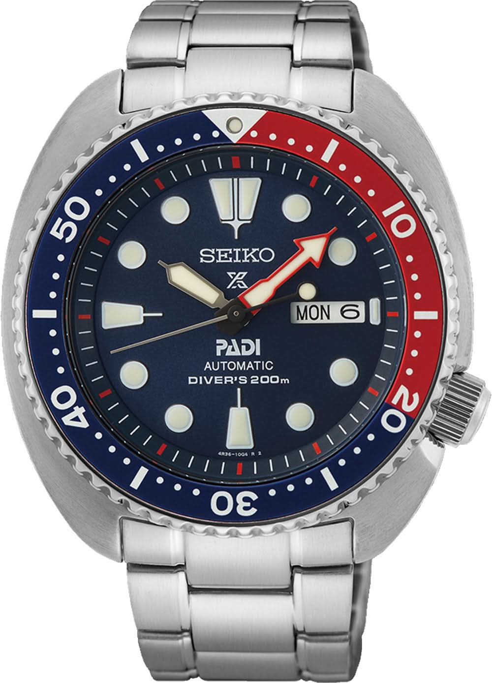 Reloj Seiko Prospex para hombre con esfera azul, bisel rojo y correa de acero inoxidable.