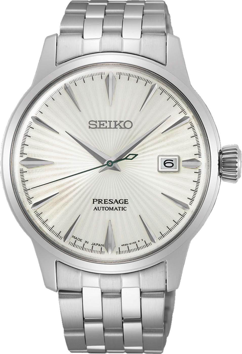 Pulsera para hombre: correa de acero inoxidable plateado, esfera blanca radiante, fecha a las 6