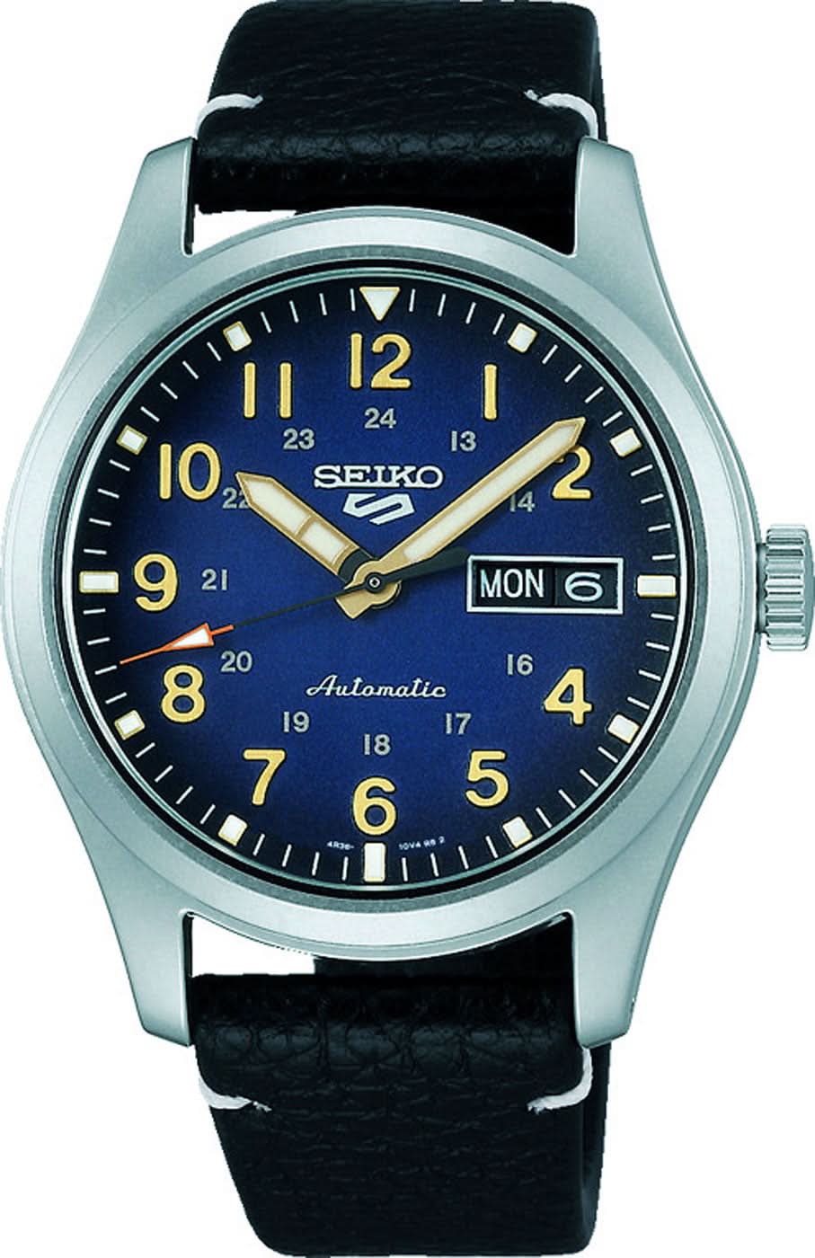Pulsera Seiko 5 Sports para hombre con correa de cuero negra, esfera negra y visualización de fecha