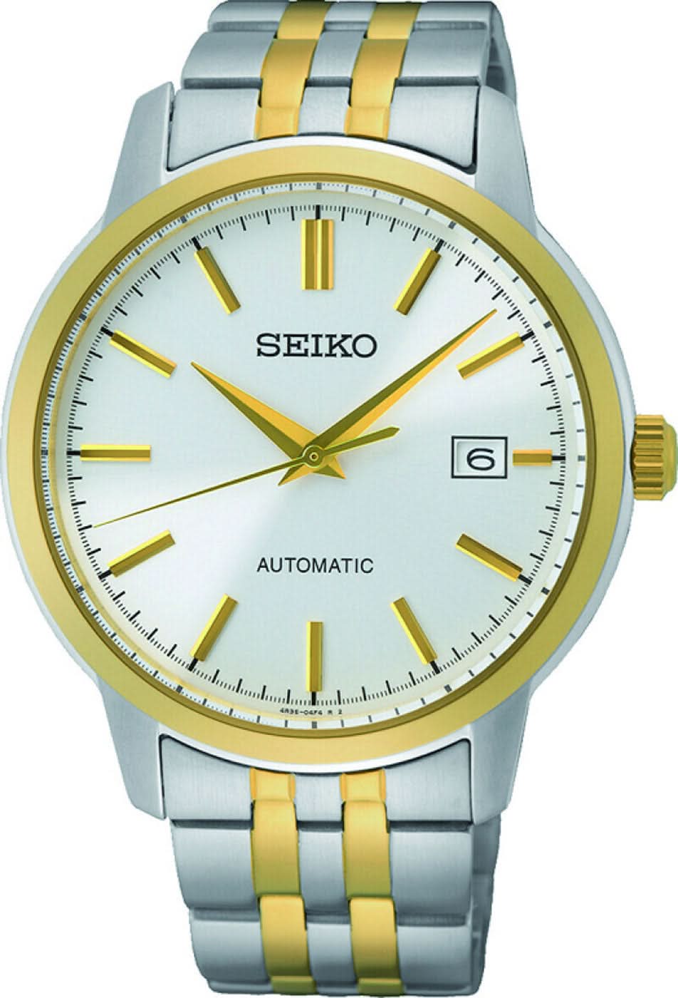 Reloj de pulsera bicolor para hombre con esfera blanca, manecillas doradas y ventana de fecha