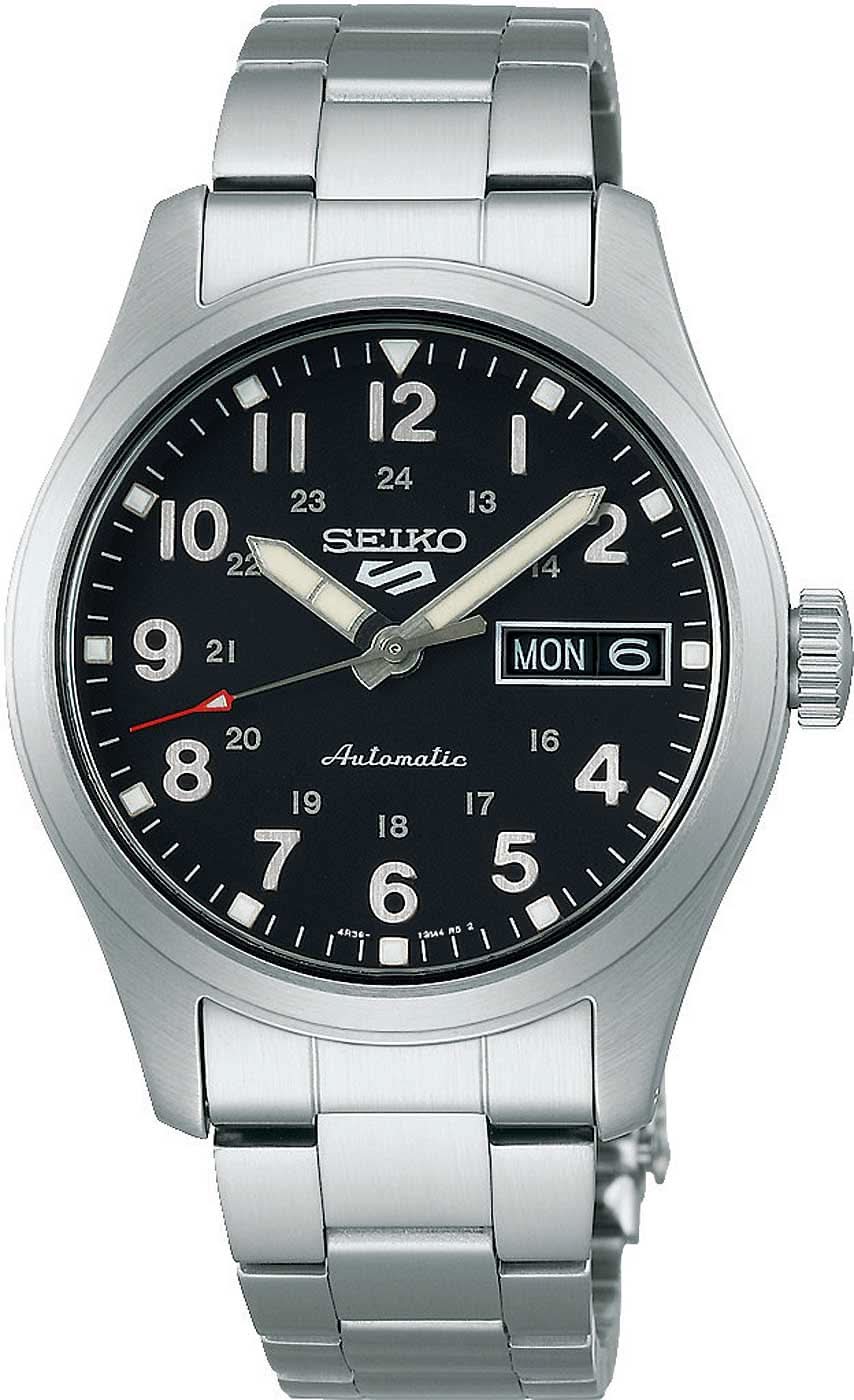 Reloj Seiko 5 Sports para hombre con esfera negra y correa de acero