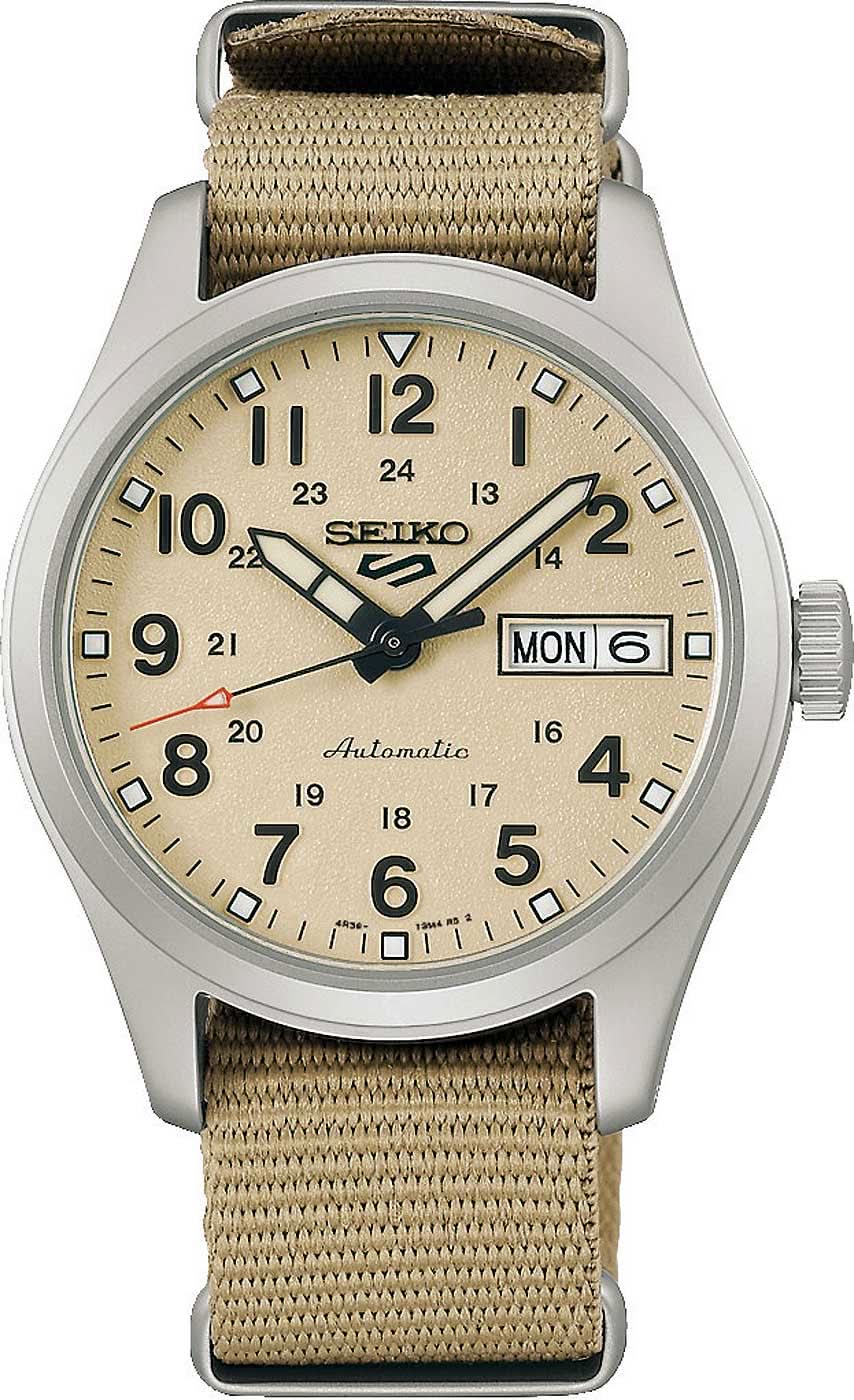 Reloj de hombre con correa textil beige, caja plateada y esfera beige
