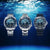 Tres relojes de buceo con esfera azul: brazalete de acero inoxidable y correas de caucho azul oscuro