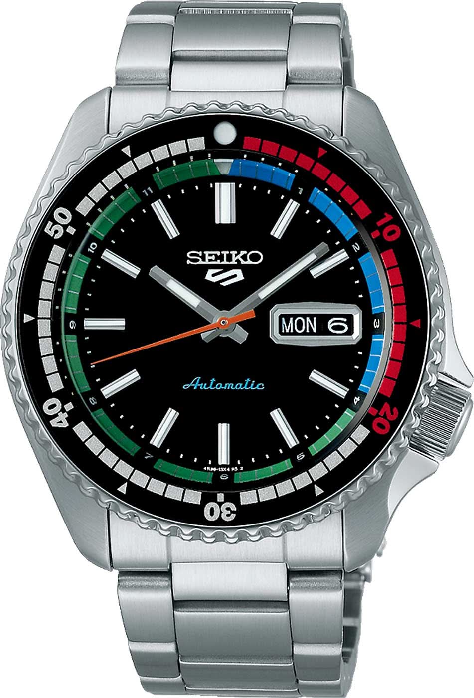 Pulsera de acero para hombre con esfera negra, bisel multicolor y ventana de fecha