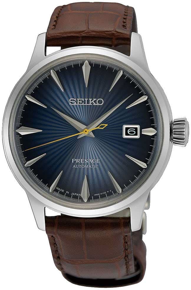 Pulsera de hombre con esfera azul y correa de cuero marrón, indicador de fecha a las 6