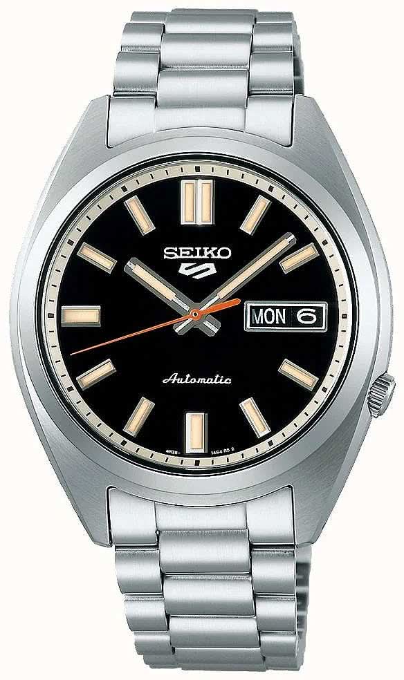 Reloj de hombre con correa de acero inoxidable, esfera negra y ventana de fecha "LUN 6".