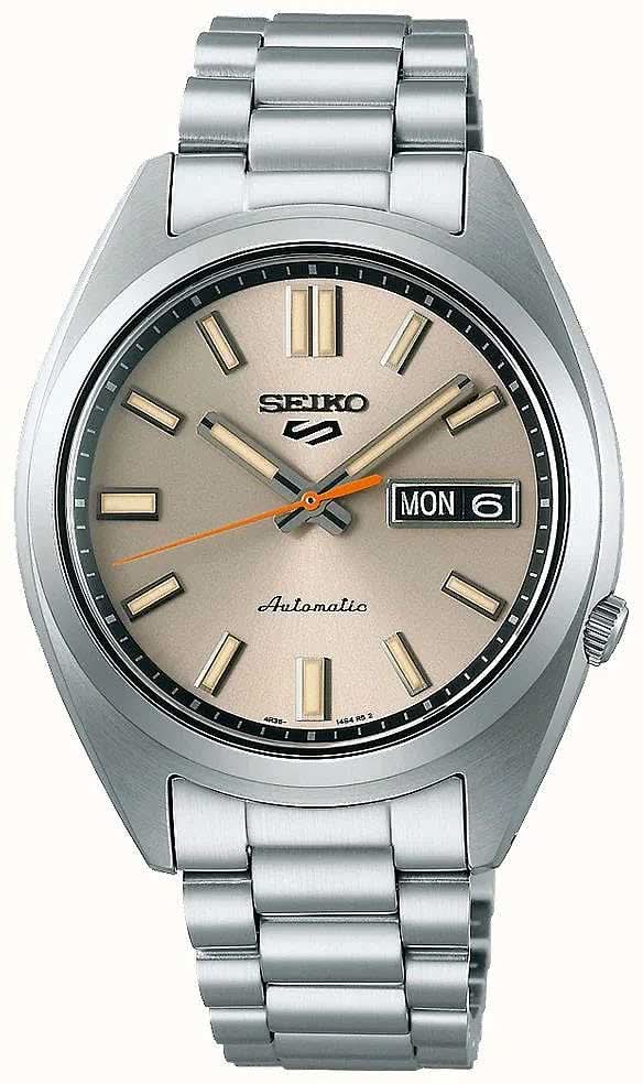 Reloj Seiko 5 Sports para hombre con correa de acero inoxidable, esfera beige y visualización de fecha LUN 6
