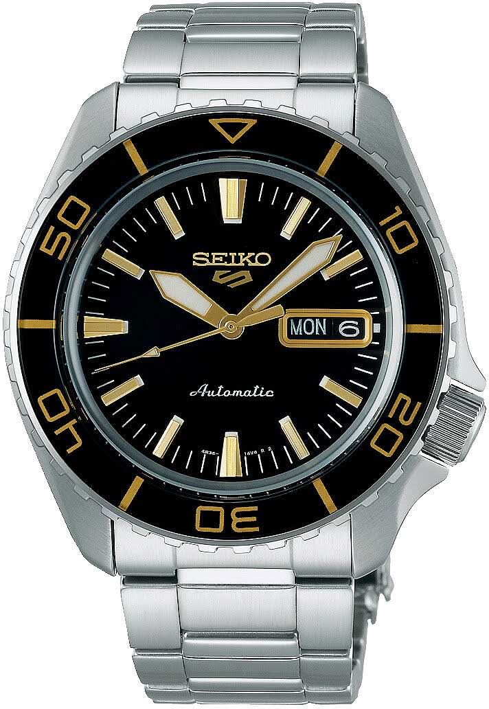 Seiko 5 Sports Reloj de pulsera para hombre: esfera negra, detalles dorados, correa de acero