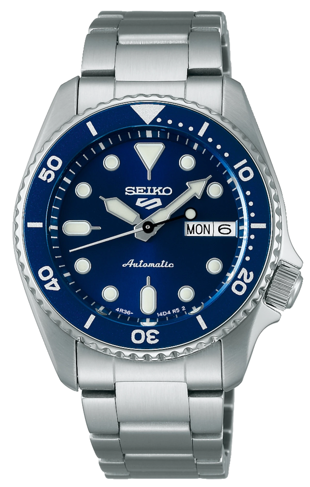 Pulsera de hombre con esfera azul, indicador de fecha y brazalete de metal, automática