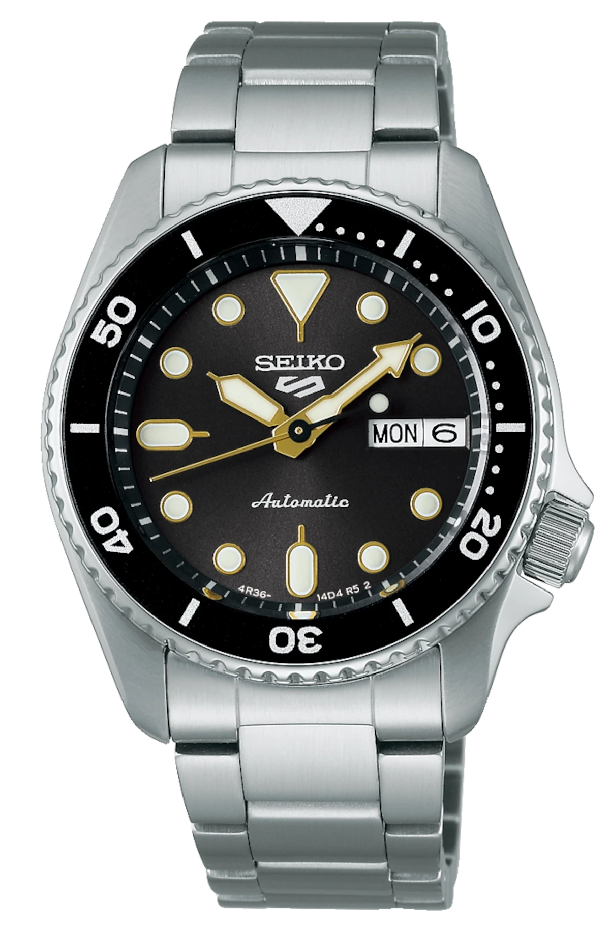 Reloj automático Seiko 5 Sports: esfera negra, manecillas doradas, fecha