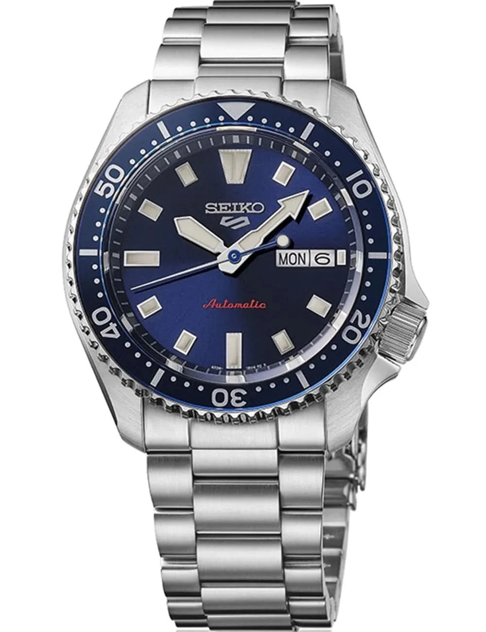 Reloj Seiko 5 Sports para hombre con esfera azul, correa y bisel de acero, fecha a las 6