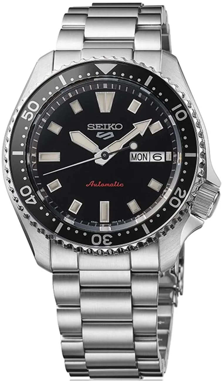 Pulsera de hombre con esfera negra, bisel de acero plateado y brazalete de acero