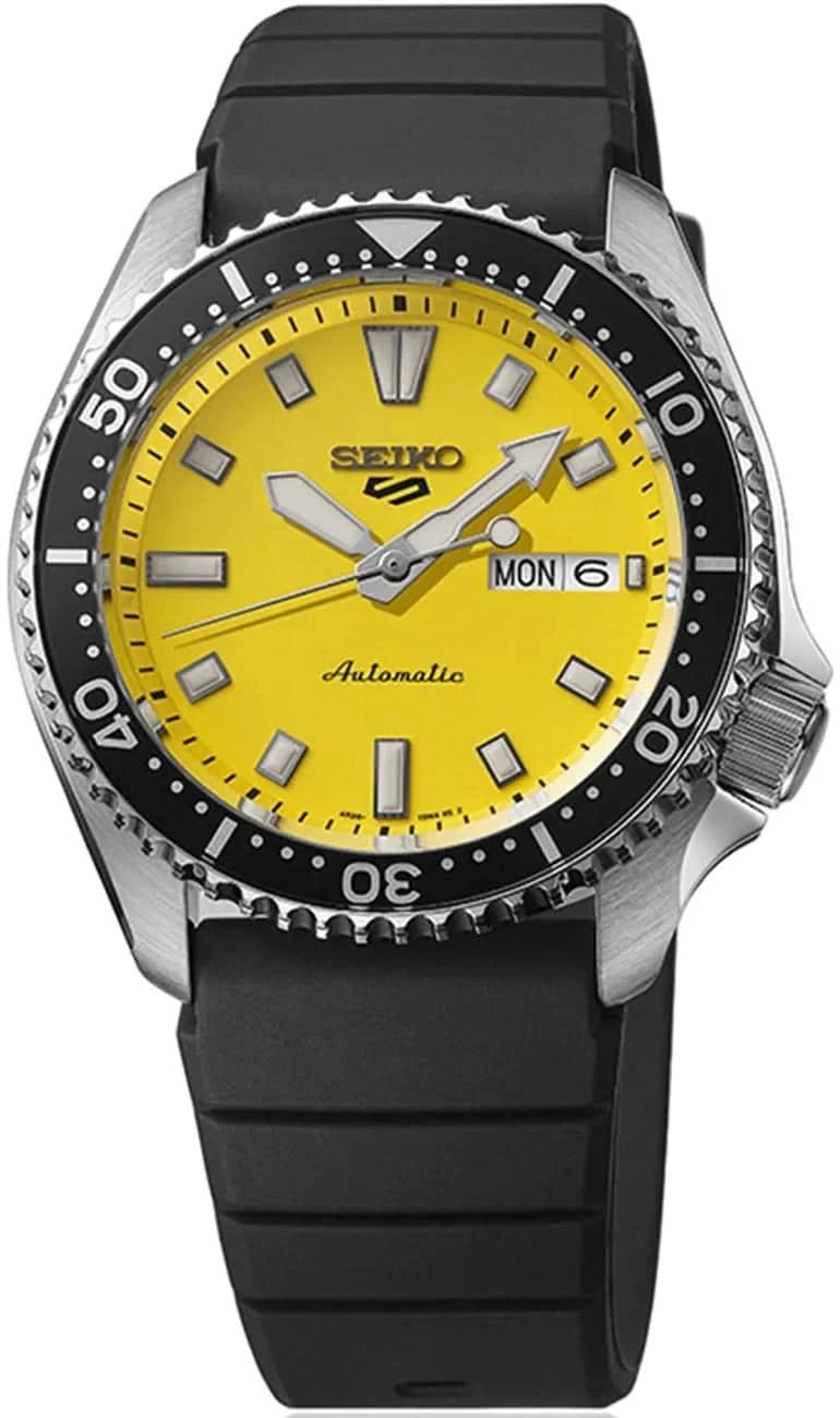 Reloj automático Seiko 5 Sports con esfera amarilla, día de la semana 6, correa negra