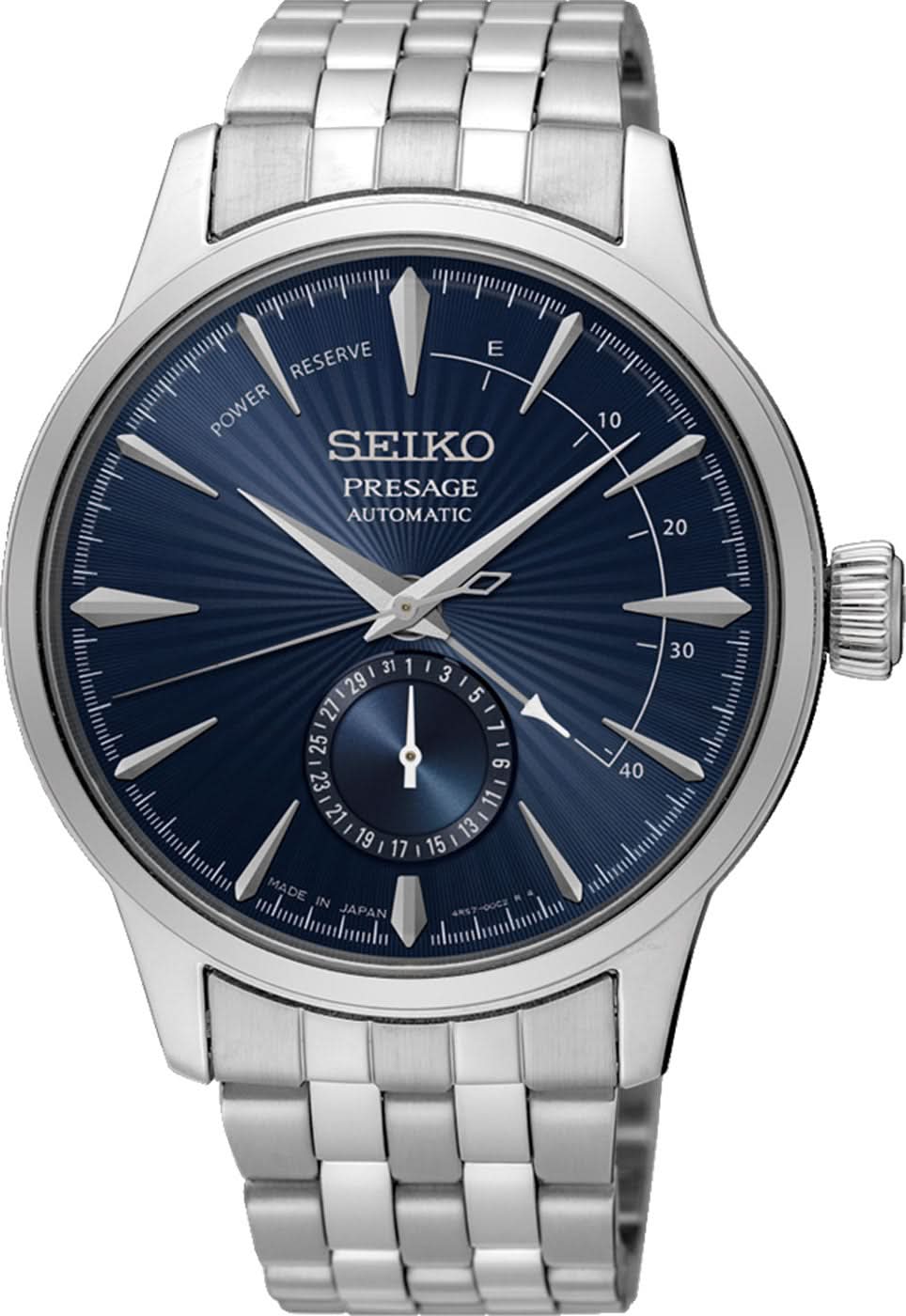 Seiko Presage Reloj para hombre con esfera azul, reserva de marcha y correa de acero inoxidable