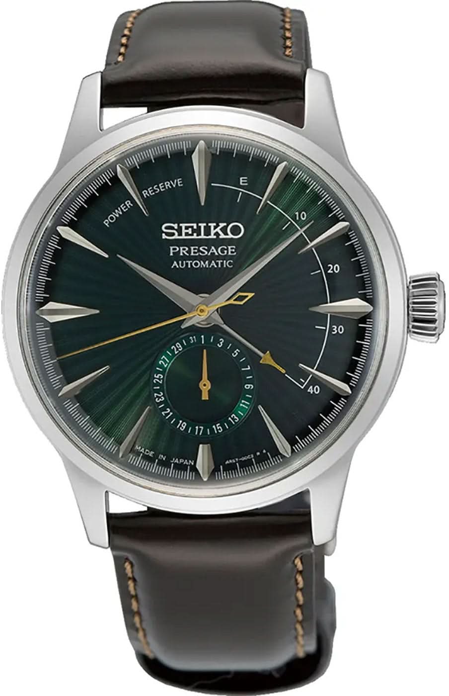 Reloj Seiko Presage para hombre con esfera verde oscuro, caja plateada y correa de cuero marrón.