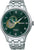 Reloj de hombre con esfera verde, apertura de corazón visible, números romanos y correa de acero inoxidable