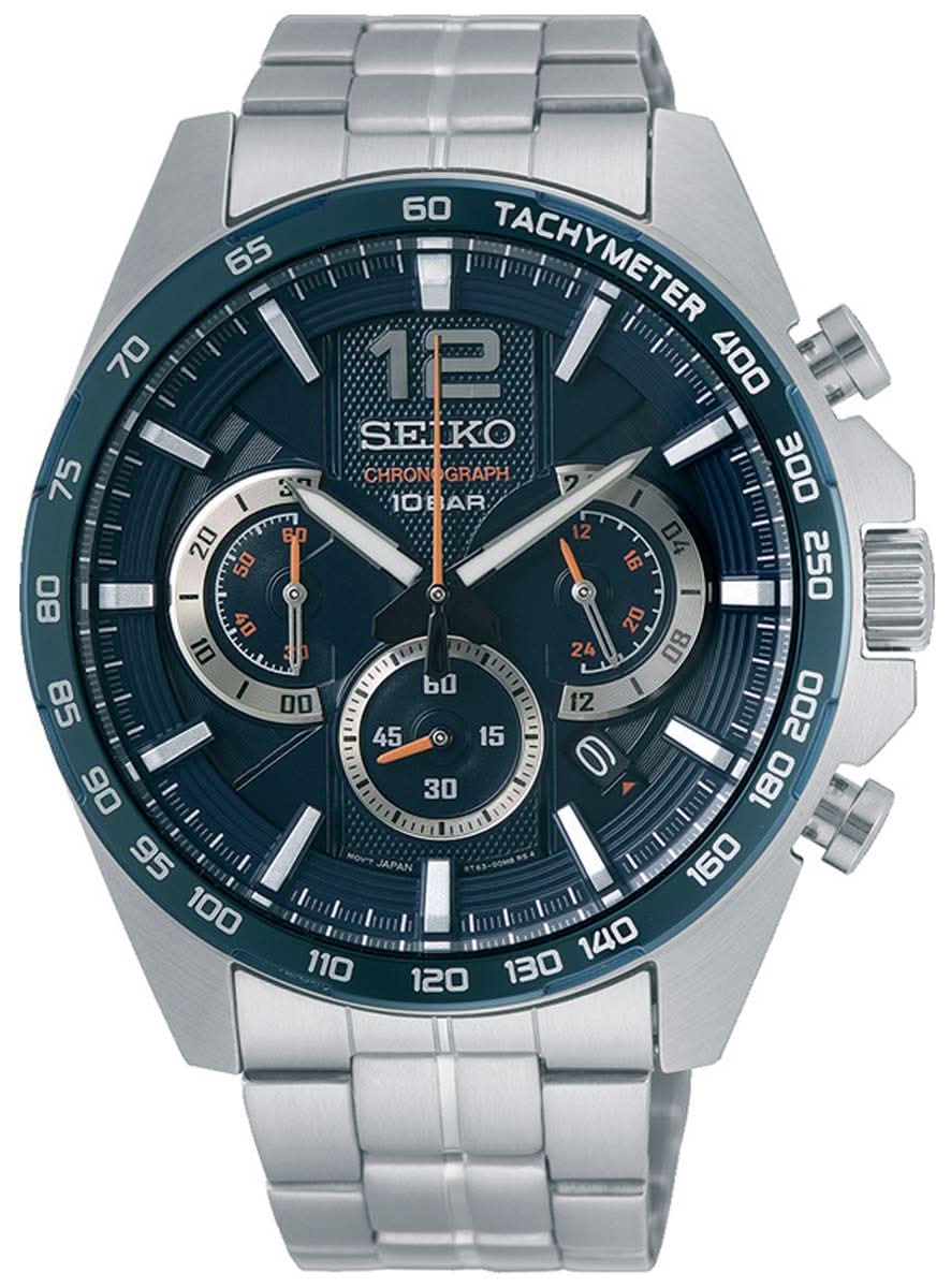 Reloj plateado para hombre con esfera azul, detalles de cronógrafo y correa de metal