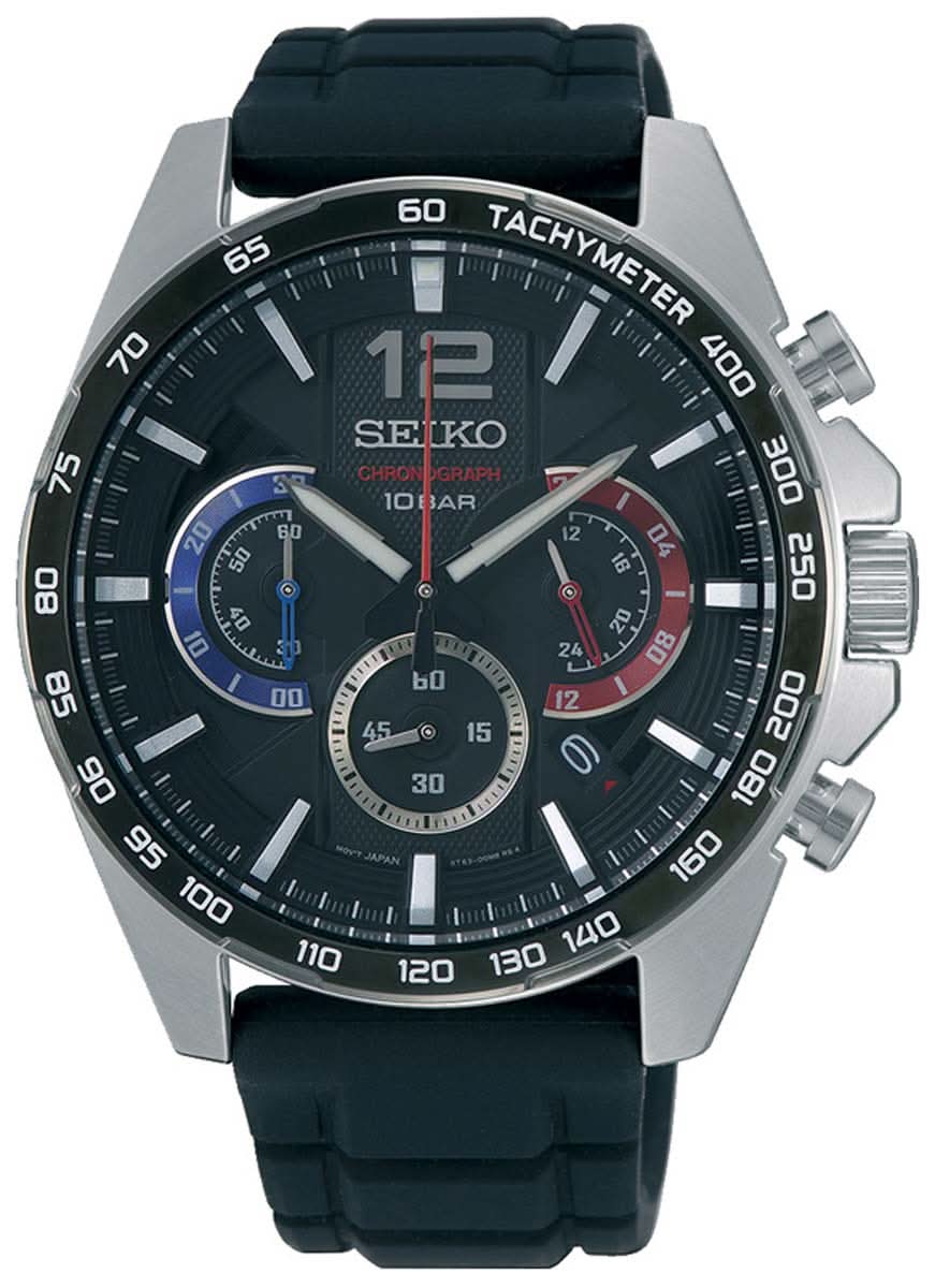 Reloj para hombre con esfera negra, bisel taquímetro y correa de caucho negra
