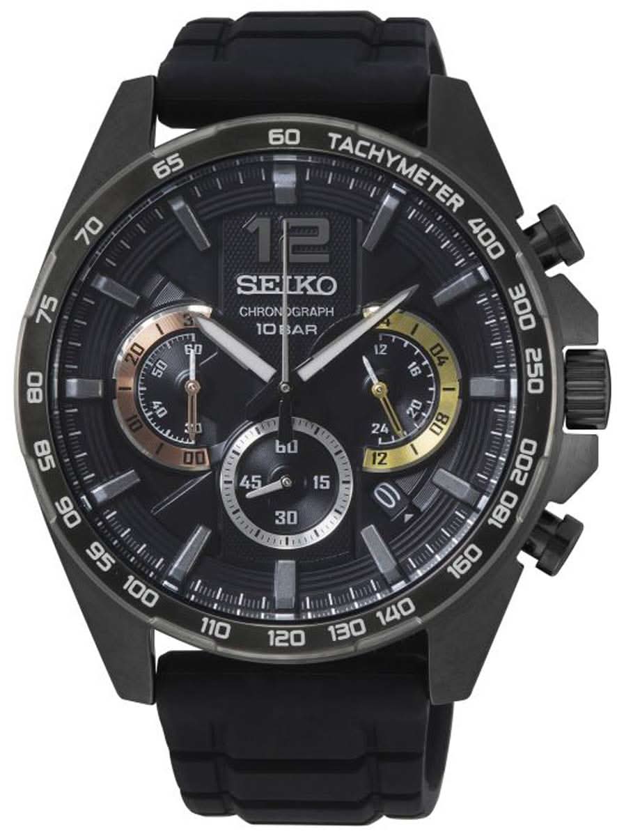 Reloj SEIKO Chronograph para hombre con esfera negra y correa de caucho negra