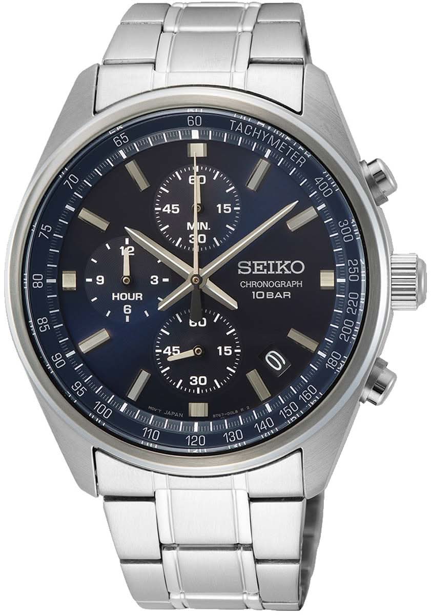 Reloj cronógrafo para hombre con esfera azul oscuro, correa de acero inoxidable y cronómetro