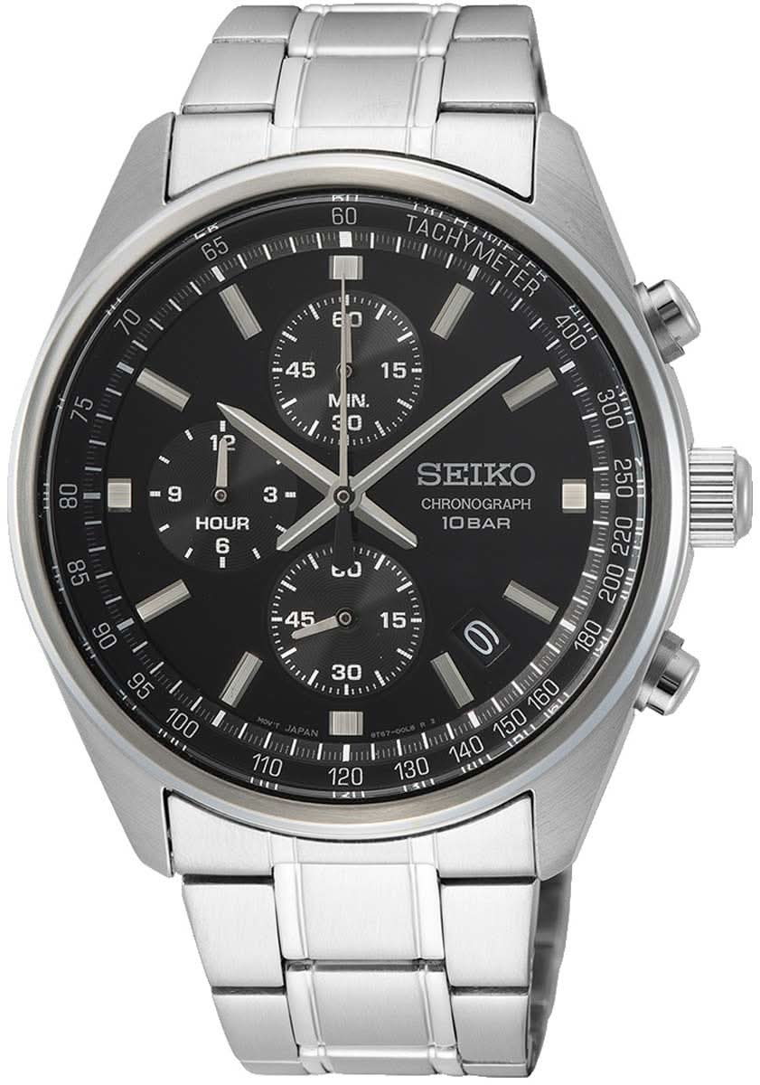 Reloj de hombre con esfera negra, cronógrafo y brazalete de acero inoxidable