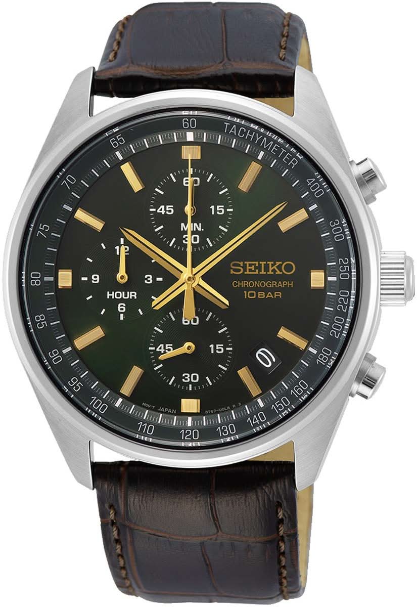 Reloj Seiko para hombre con esfera verde oscuro, correa de cuero y pulsadores de cronógrafo